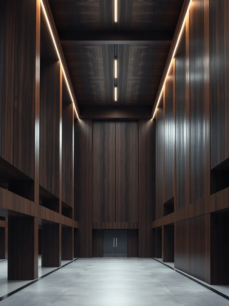 A minimalist architectural structure made of dark wood and c
