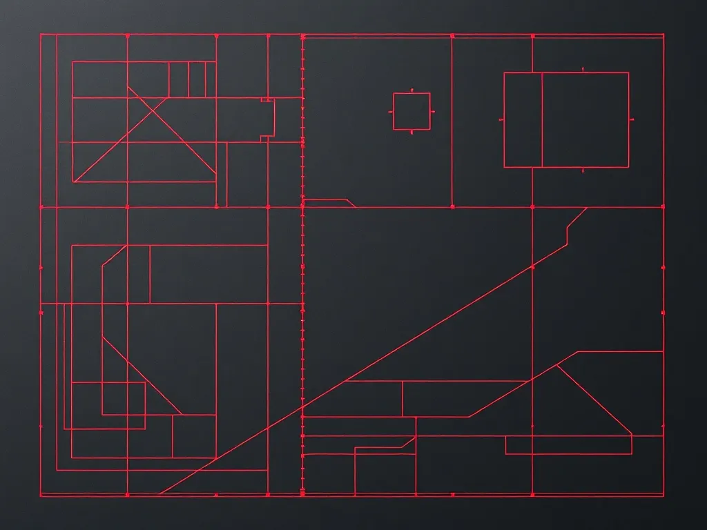 A technical blueprint or architectural plan with red lines a